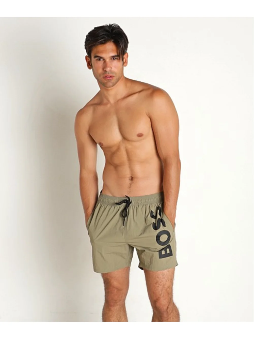 Men's BOSS Army GreenSwim Trunks with Black Logo - Size M EUC
